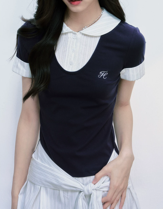 Preppy Style Faux Two Piece Mini Dress Women With Peter Pan Collar And Knotted Waist R9425