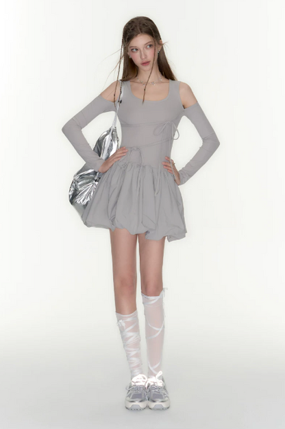 Grey Cutout Long Sleeve Drawstring Dress Women High Waist Puff Hem Mini Dress R9385