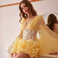 Yellow Floral Corset Mini Dress with Bell Sleeves and Puffy Skirt R9179