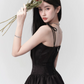 Black Jacquard Satin Cami Dress Women With Bow Detail And Flared Skirt R9407