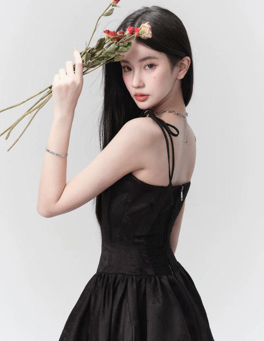 Black Jacquard Satin Cami Dress Women With Bow Detail And Flared Skirt R9407