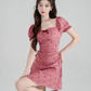 Sweet Dusty Pink Ruched Mini Dress, Women's Puff Sleeve Sweetheart Neck with Bow Detail Dress R9334