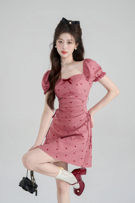 Sweet Dusty Pink Ruched Mini Dress, Women's Puff Sleeve Sweetheart Neck with Bow Detail Dress R9334