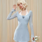 Light Blue Knit Long Sleeve Mini Dress With Lace Halter Neck And Rose Detail R9293