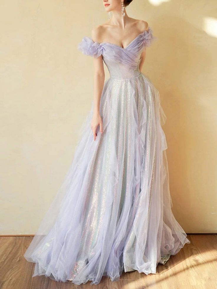 Purple Off Shoulder Tulle Sequin Long Prom Dress, Purple Formal Dress         S7172