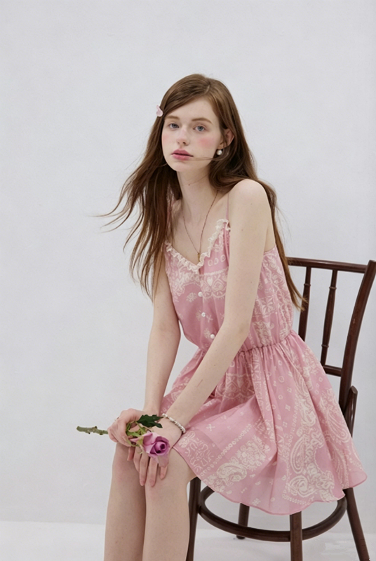 Pink Paisley Print Cami Dress Women With Lace Trim And Elastic Waist R9457