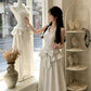 Elegant White Striped Halter Neck Dress with Ruffle V-Neck and A-Line Skirt R9129
