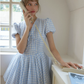 Blue White Gingham Puff Sleeve V-Neck Mini Dress Women High Waist A-Line Dress R9350