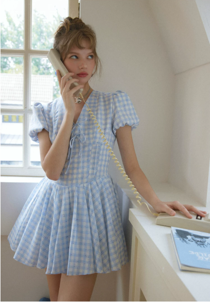 Blue White Gingham Puff Sleeve V-Neck Mini Dress Women High Waist A-Line Dress R9350