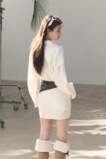 Western Style Off-White Eyelet Embroidered Shirt Dress with Waist Tie R9363
