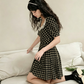 Black Floral Print Mini Dress Women With Lace Trim And Puff Sleeves R9461