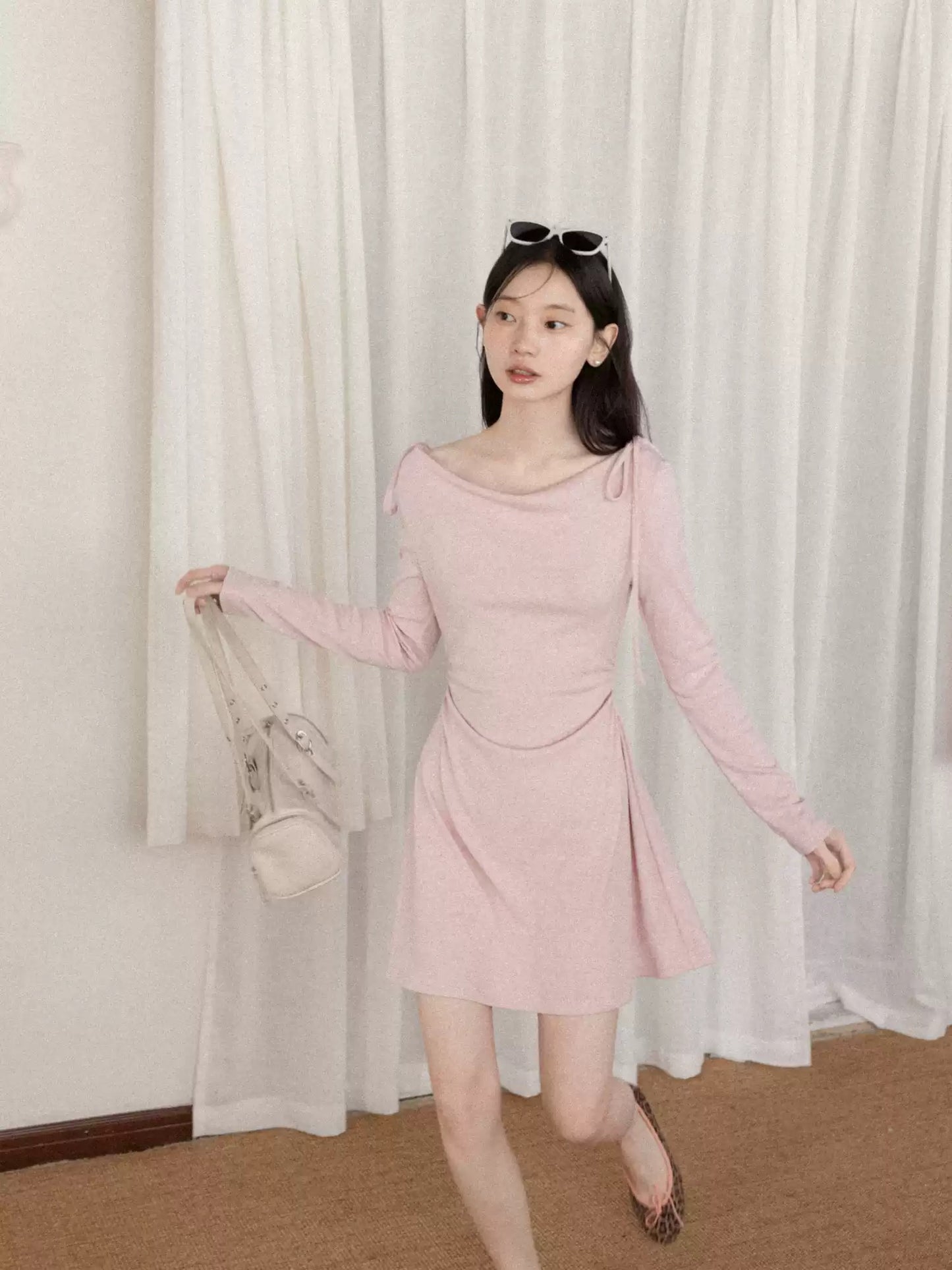 Dusty Pink Cowl Neck Long Sleeve Dress with Shoulder Ties R9174