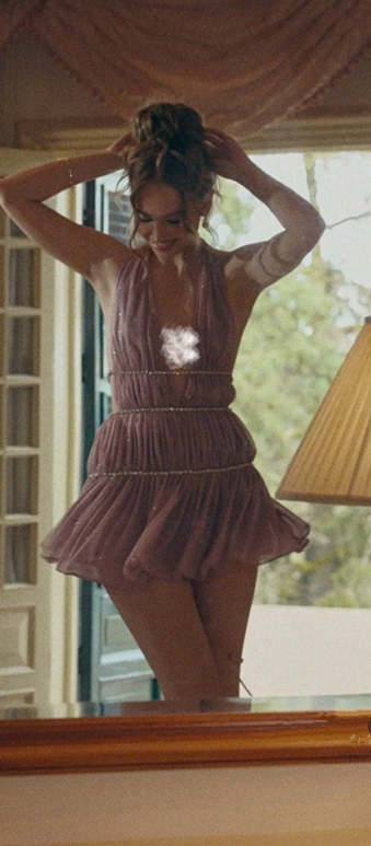 Purple halterneck deep V sexy backless pleated miniskirt homecoming dress R4587