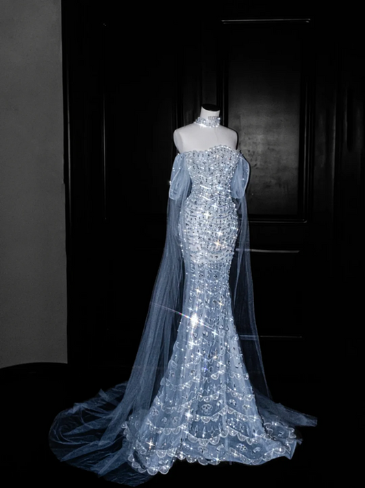 Light blue sequined one-shoulder waist-hugging hip-wrapped fishtail sexy long skirt, prom dress R5616