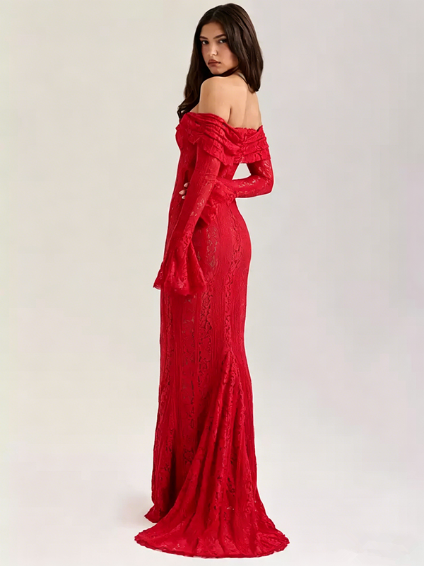Red Lace Off-Shoulder Maxi Dress with Long Flare Sleeves R9135
