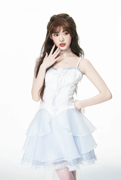 Sweet Style White and Light Blue Dress with Corset Top, Tiered Lace Skirt and Spaghetti Straps R9274