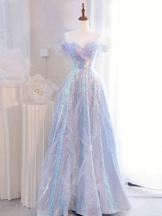 Purple Off Shoulder Tulle Sequin Long Prom Dress, Purple Formal Dress         S7172