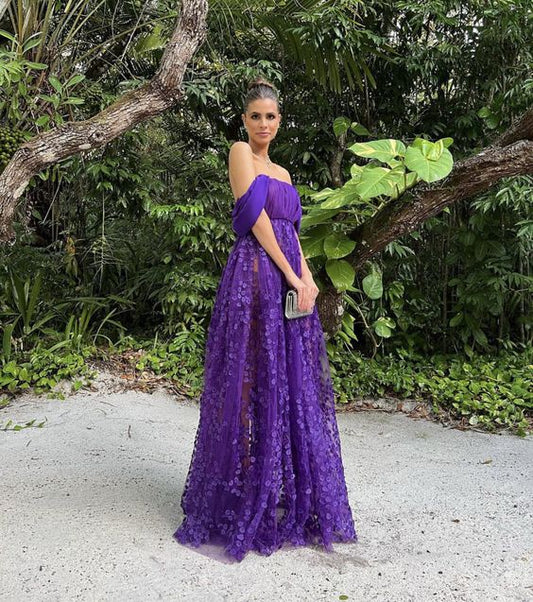 Purple A-Line Off Shoulder Floral Long Prom Dress Party Dress    S5337