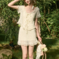 Boho White Lace Mini Dress with Tiered Ruffles, Sheer Layers and Tie-Front Design R9263