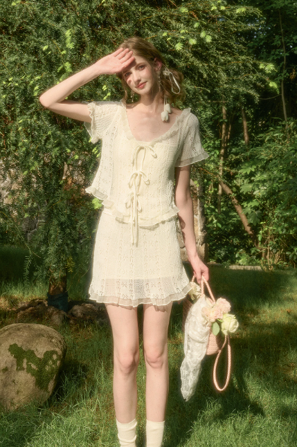 Boho White Lace Mini Dress with Tiered Ruffles, Sheer Layers and Tie-Front Design R9263