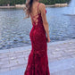Burgundy Mermaid Lace Sequins Prom Dress     S5059
