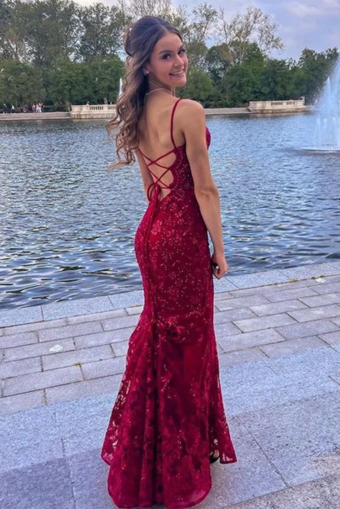 Burgundy Mermaid Lace Sequins Prom Dress     S5059