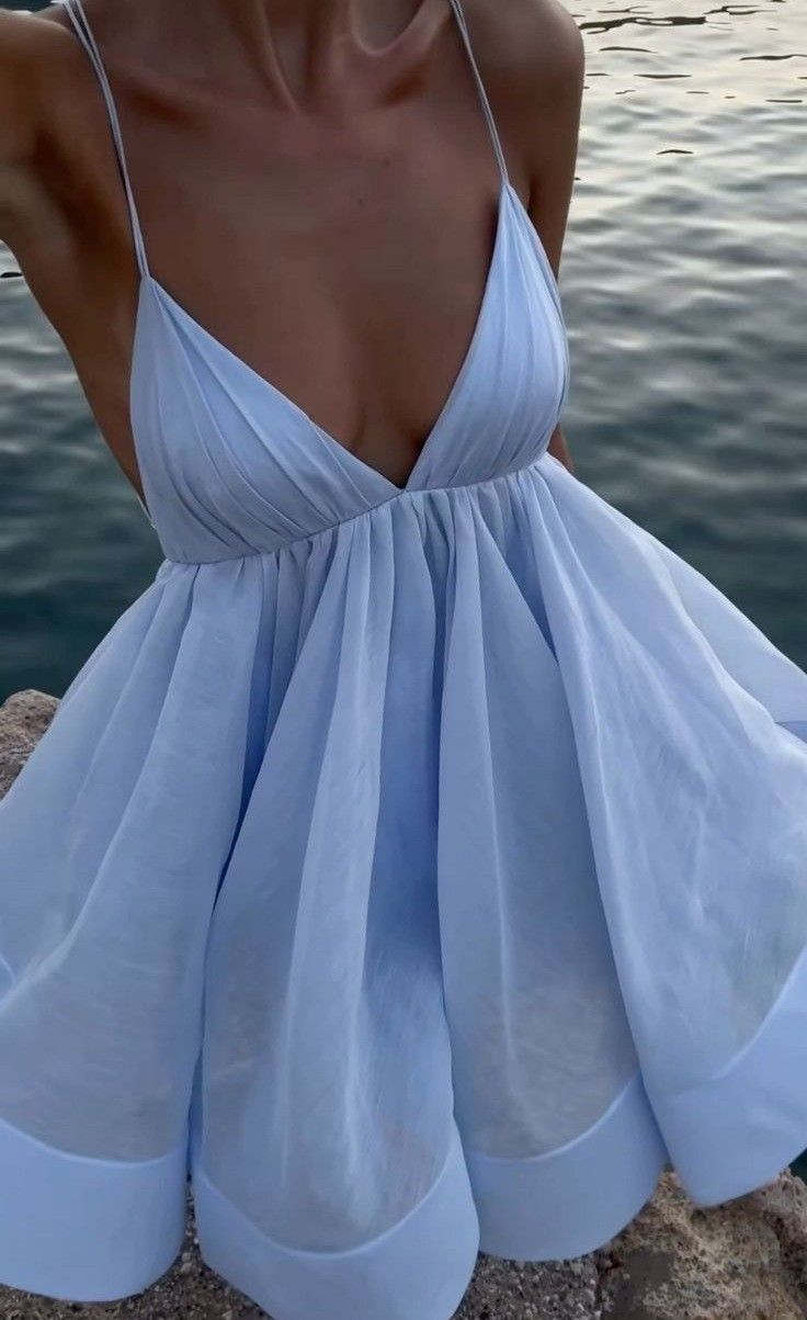 A Line Sky Blue Spaghetti Straps Short Party Dresses     S7181