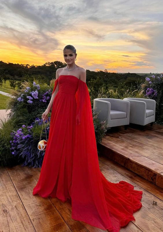 Evening Dresses Off Shoulder Long A Line Prom Dress Elegant Chiffon Formal Party Dress with Train      S5390