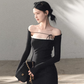 Black Square Neck Long Sleeve Mini Dress with Lace Trim and Tie Detail R9366