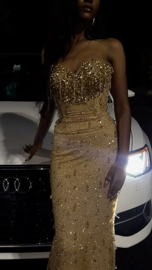 Gold Mermaid Strapless Long Evening Dress Prom Dresses      S7048