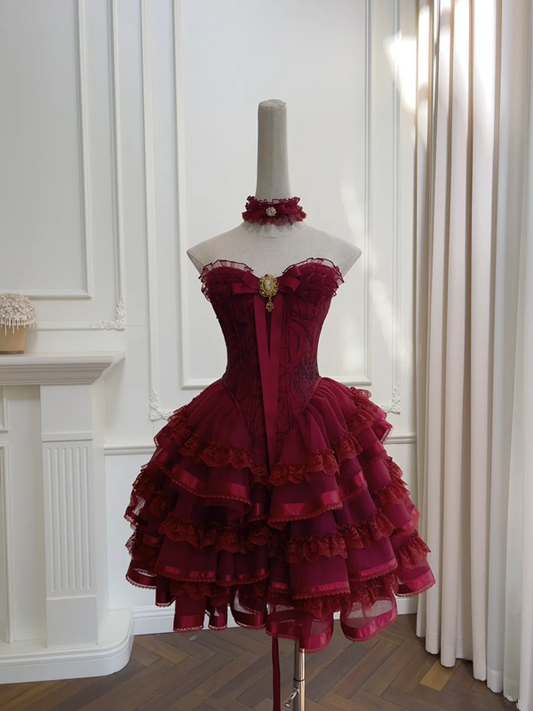 Red tube top lace waist slim fit puffy cake skirt homecoming dress R5036