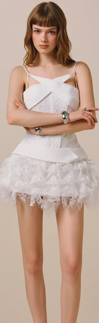 White suspender design neckline waist slim sexy lace skirt short skirt homecoming dress R4628