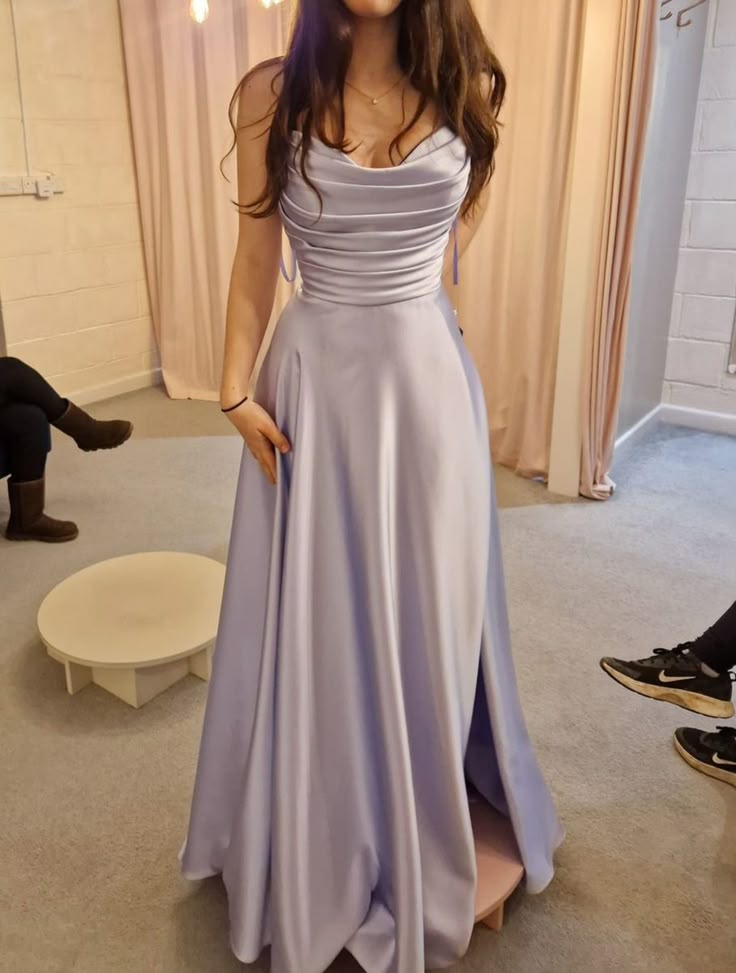 Lilac A-line satin long prom dress, formal evening dress        S7140