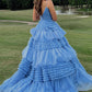 Pink V-Neck Tulle Long Ball Gown      S1373