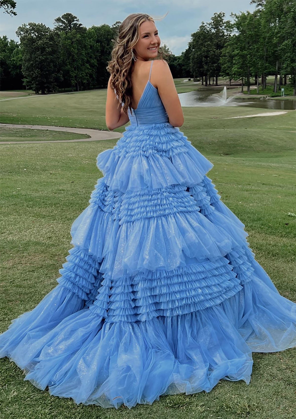 Pink V-Neck Tulle Long Ball Gown      S1373