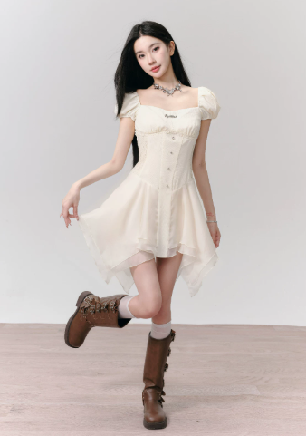 Cream White Corset Style Mini Dress Women With Puff Sleeves And Lace Trim R9442