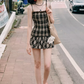 Brown Plaid Cami Mini Dress With Lace Trim And Pleated Skirt R9285