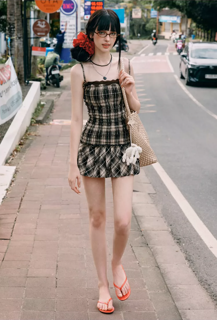 Brown Plaid Cami Mini Dress With Lace Trim And Pleated Skirt R9285