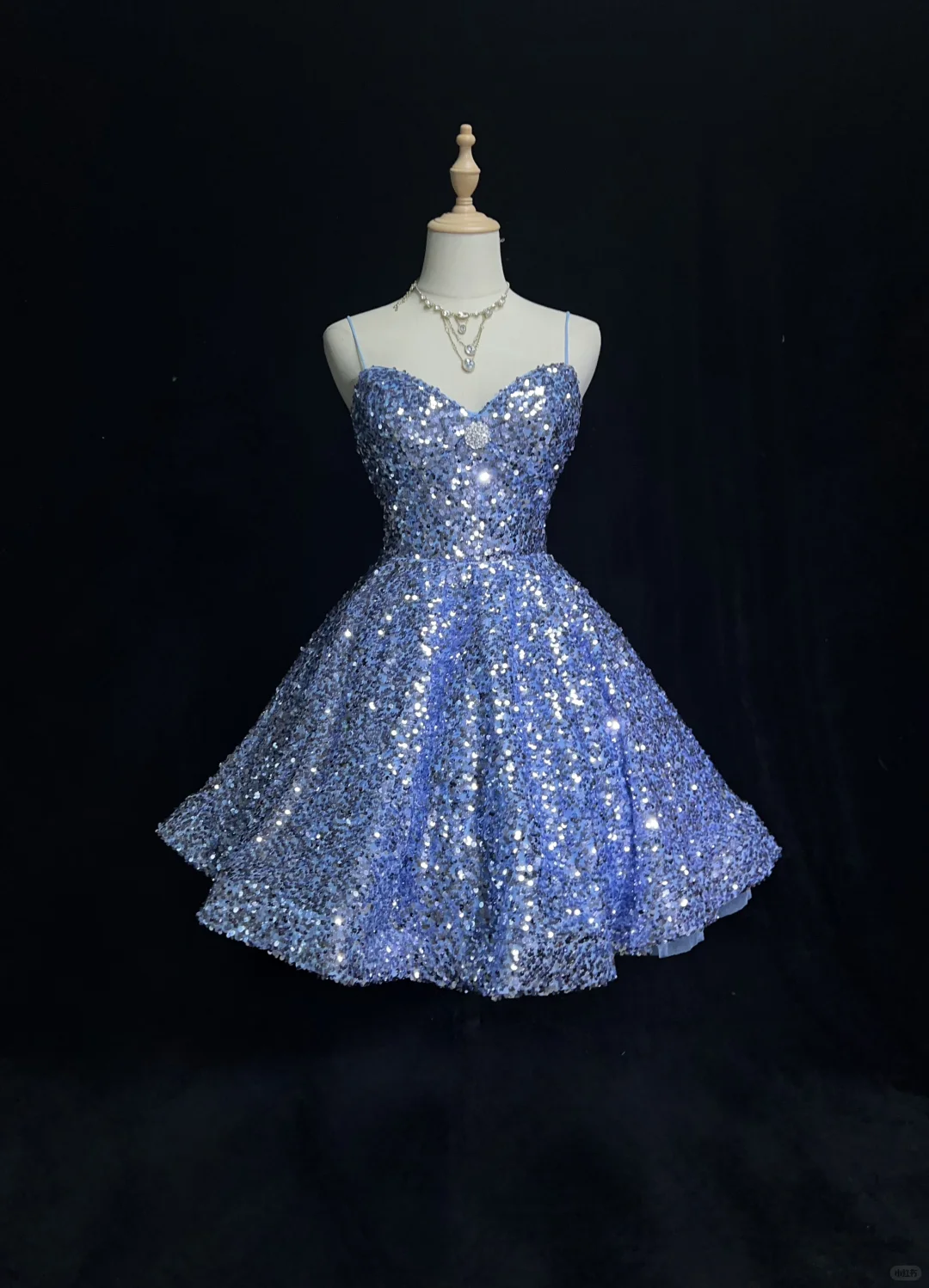 Blue suspender sequined backless waist A-line puffy princess dress homecoming dress R4955