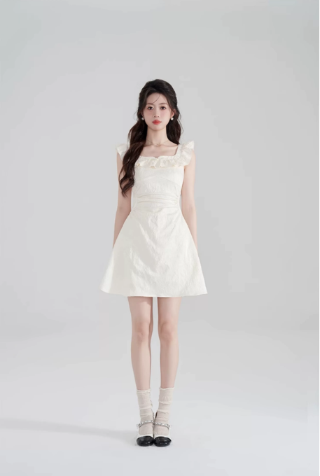Cream White A-Line Dress, Women's Ruffle Neck Textured Sleeveless Mini Dress R9336