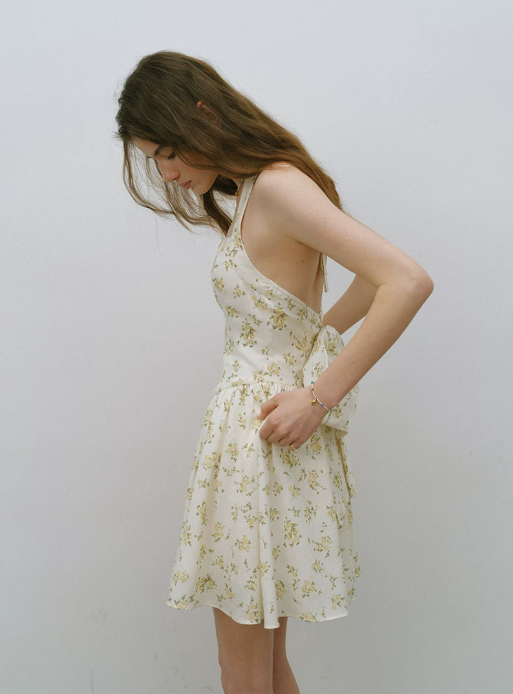 Beige Floral Print Halter Neck Mini Dress Women With Large Bow Detail R9485