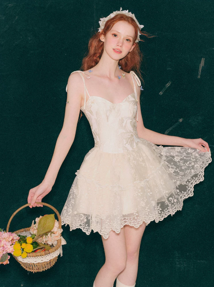 Balletcore White Corset Dress with Lace Trim, Bow Details and Voluminous Skirt R9265