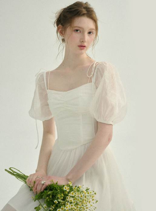 White Tulle Mini Dress Women With Puff Sleeves And Square Neck R9484
