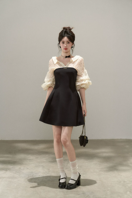 Women's Black & Beige Polka Dot Mini Dress, Puff Sleeve Collared A-Line Dress R9335