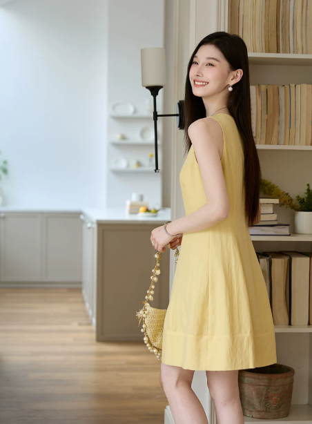 Soft Pastel Yellow Solid Sleeveless Tank Dress Elegant High Waist Flare Short Dress R9343