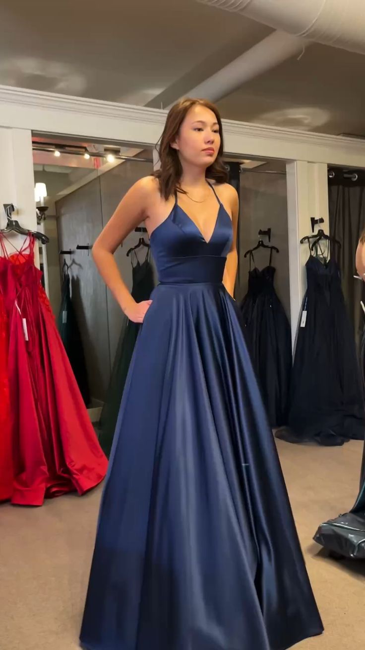 Navy blue long party prom dress, long evening gown      S7002