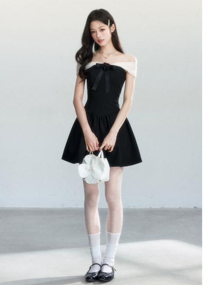 Black And White Off The Shoulder Mini Dress Women With Bow And Rose Detail R9406