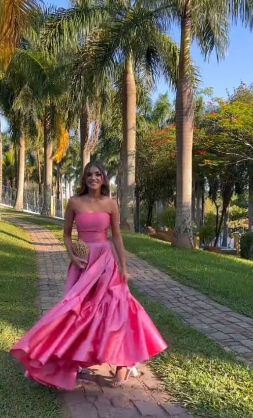 Classy Ball Gown Strapless Pink Floor Length Satin Slit Prom Dresses Evening Gowns      S7023