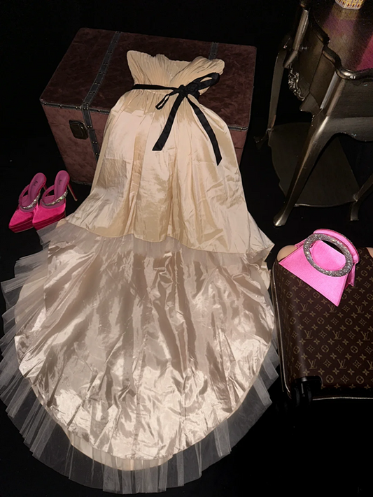 Champagne-colored strapless, fitted waist, asymmetrical hem ball gown R7046