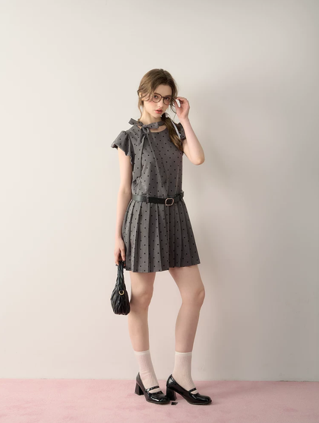 Polka Dot Dress with Detachable Belt, Neck Bow and Back Zipper R9219